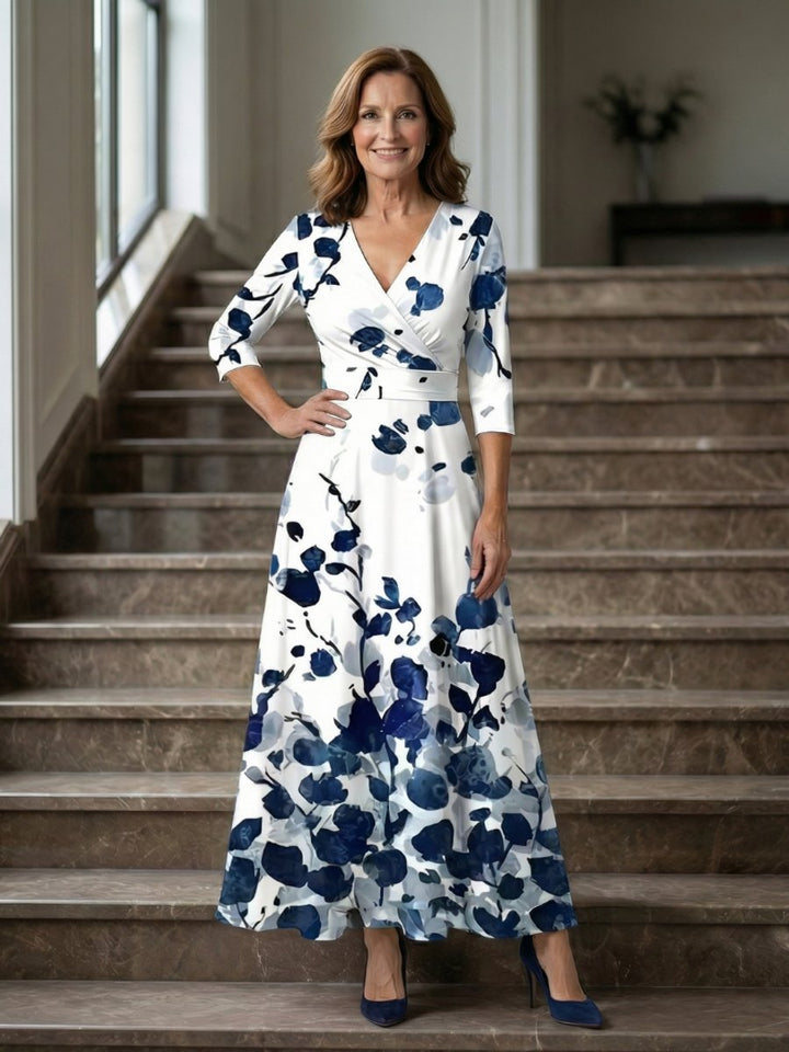 Evelyn | Women's Floral Wrap Midi Dress V-Neck Three-Quarter Sleeve