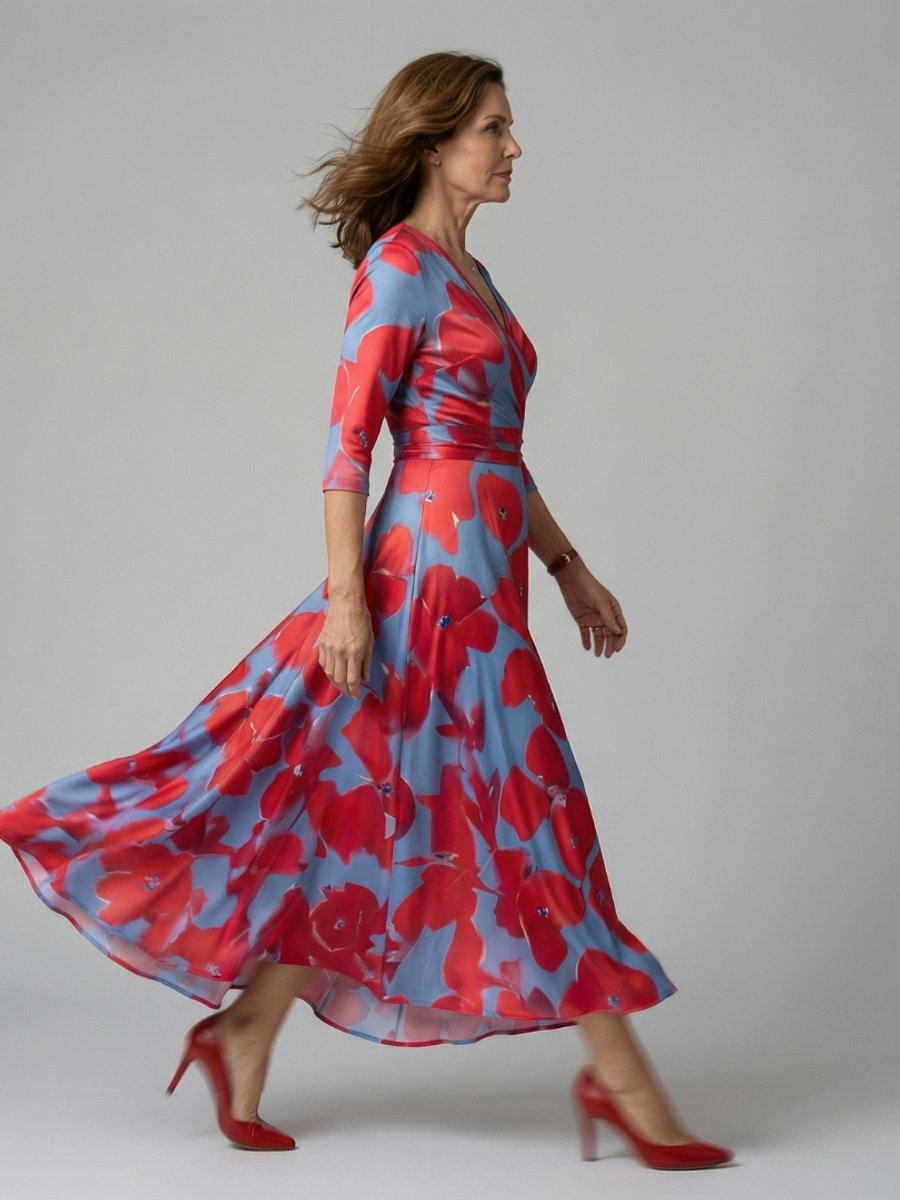 Evelyn | Women's Floral Wrap Midi Dress V-Neck Three-Quarter Sleeve
