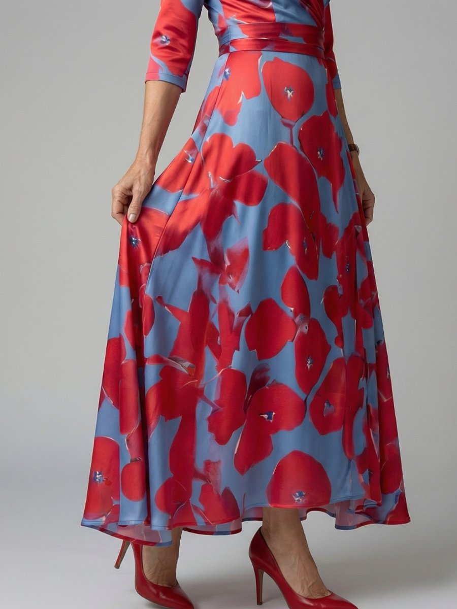 Evelyn | Women's Floral Wrap Midi Dress V-Neck Three-Quarter Sleeve