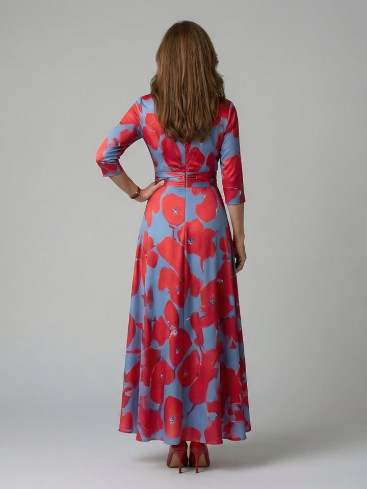 Evelyn | Women's Floral Wrap Midi Dress V-Neck Three-Quarter Sleeve