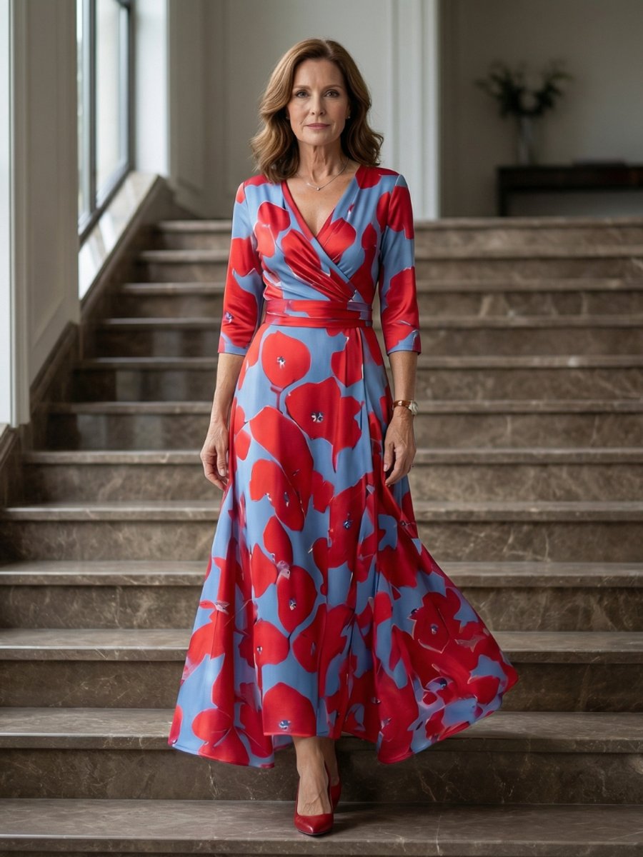 Evelyn | Women's Floral Wrap Midi Dress V-Neck Three-Quarter Sleeve