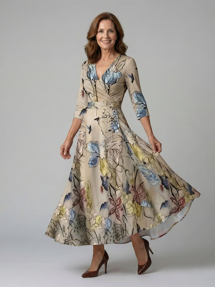 Evelyn | Women's Floral Wrap Midi Dress V-Neck Three-Quarter Sleeve