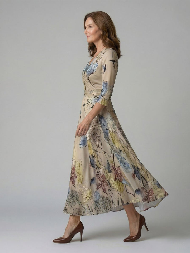 Evelyn | Women's Floral Wrap Midi Dress V-Neck Three-Quarter Sleeve
