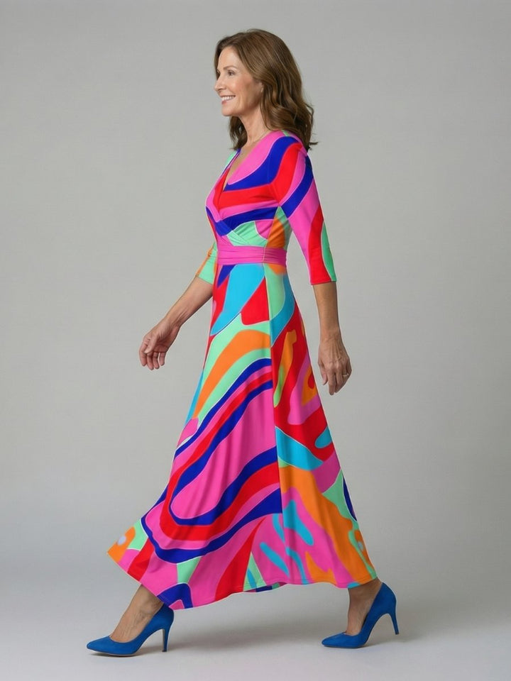 Evelyn | Women's Floral Wrap Midi Dress V-Neck Three-Quarter Sleeve