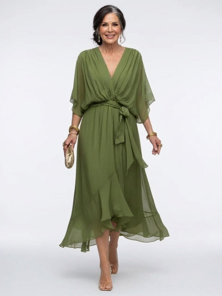 Evelyn | Women's V-Neck Midi Dress Waist Tie Flutter Sleeve Chiffon