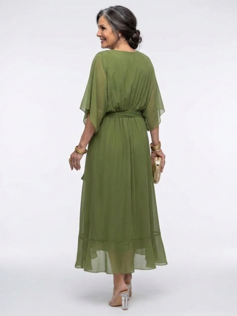 Evelyn | Women's V-Neck Midi Dress Waist Tie Flutter Sleeve Chiffon