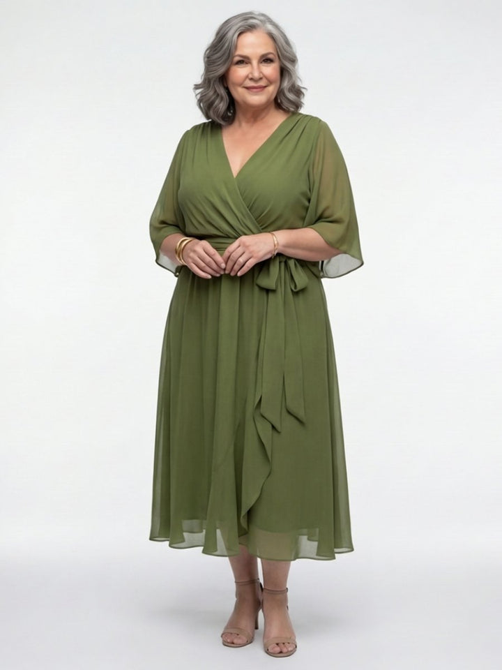 Evelyn | Women's V-Neck Midi Dress Waist Tie Flutter Sleeve Chiffon