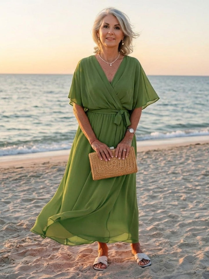 Evelyn | Women's V-Neck Midi Dress Waist Tie Flutter Sleeve Chiffon