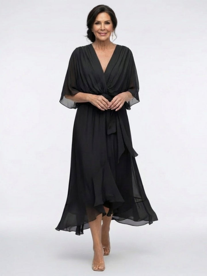 Evelyn | Women's V-Neck Midi Dress Waist Tie Flutter Sleeve Chiffon