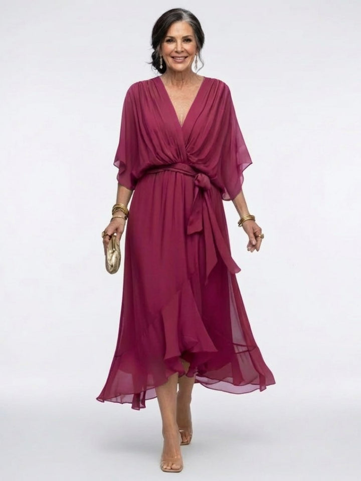Evelyn | Women's V-Neck Midi Dress Waist Tie Flutter Sleeve Chiffon