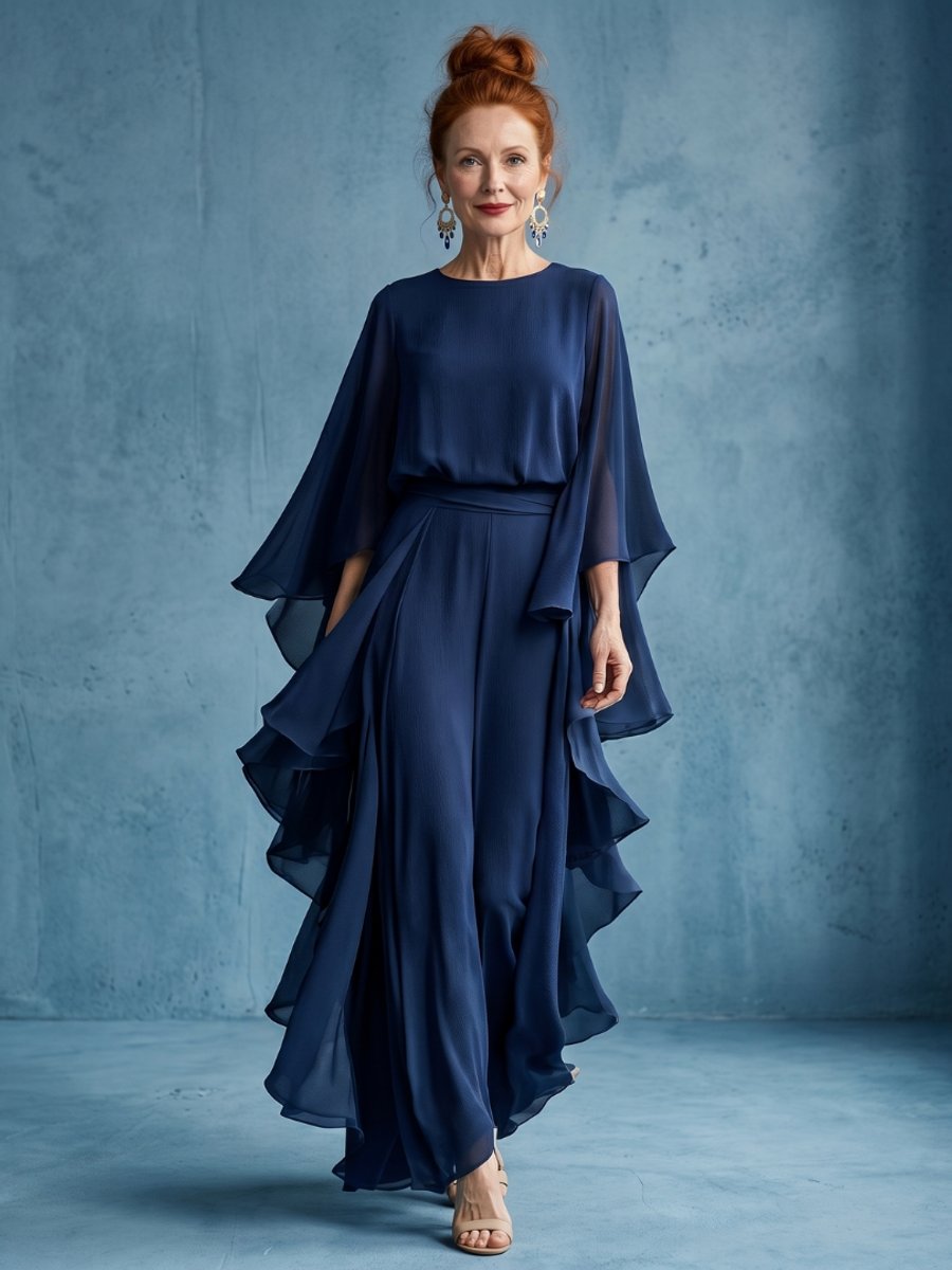 Olivia | Women's Everyday Party Dress Layered Sleeve Drape Waist Midi