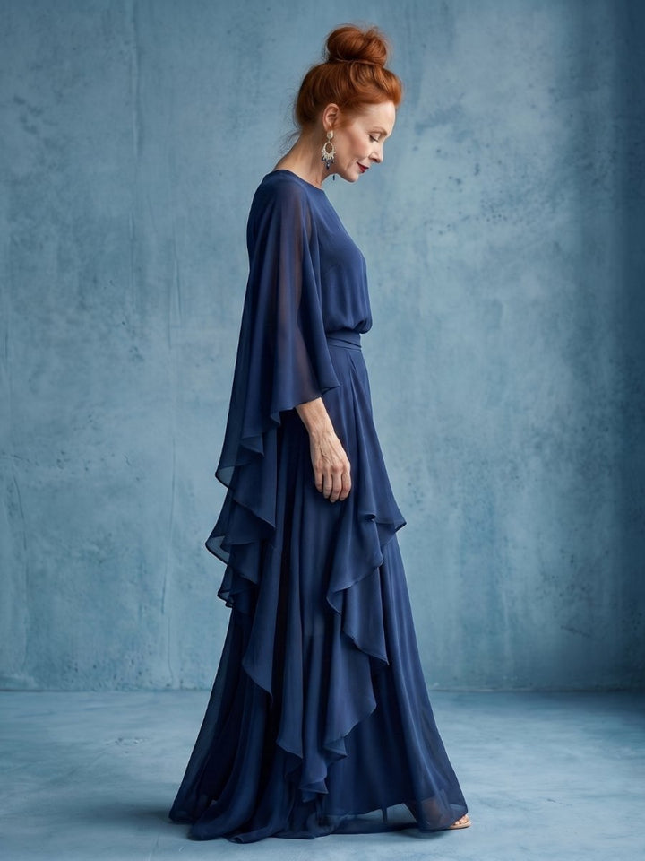 Olivia | Women's Everyday Party Dress Layered Sleeve Drape Waist Midi
