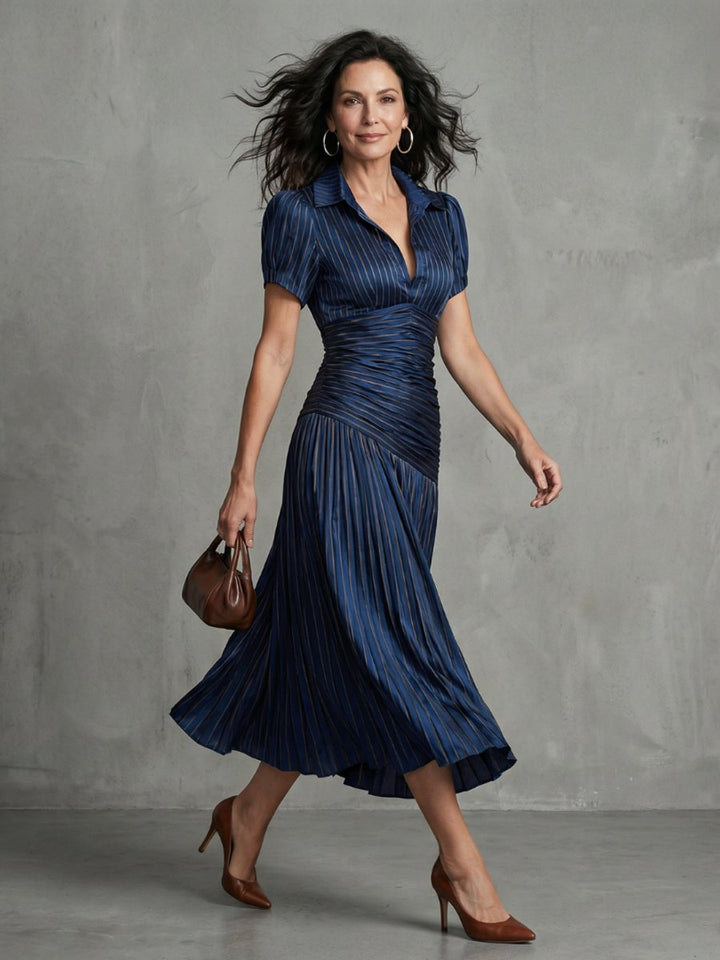Grace | Women's Everyday Party Dress Pleated Stripe Collared Midi