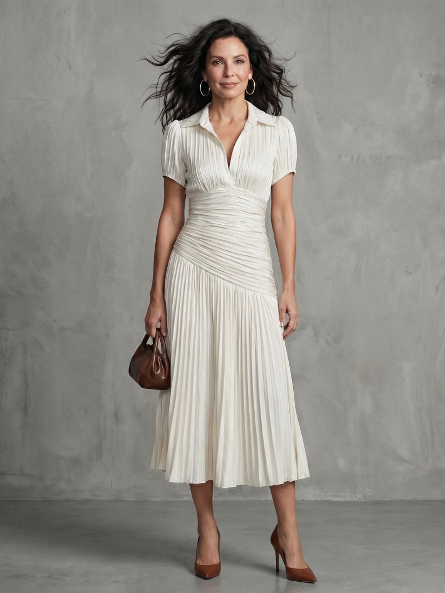 Grace | Women's Everyday Party Dress Pleated Stripe Collared Midi