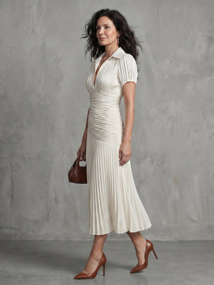 Grace | Women's Everyday Party Dress Pleated Stripe Collared Midi