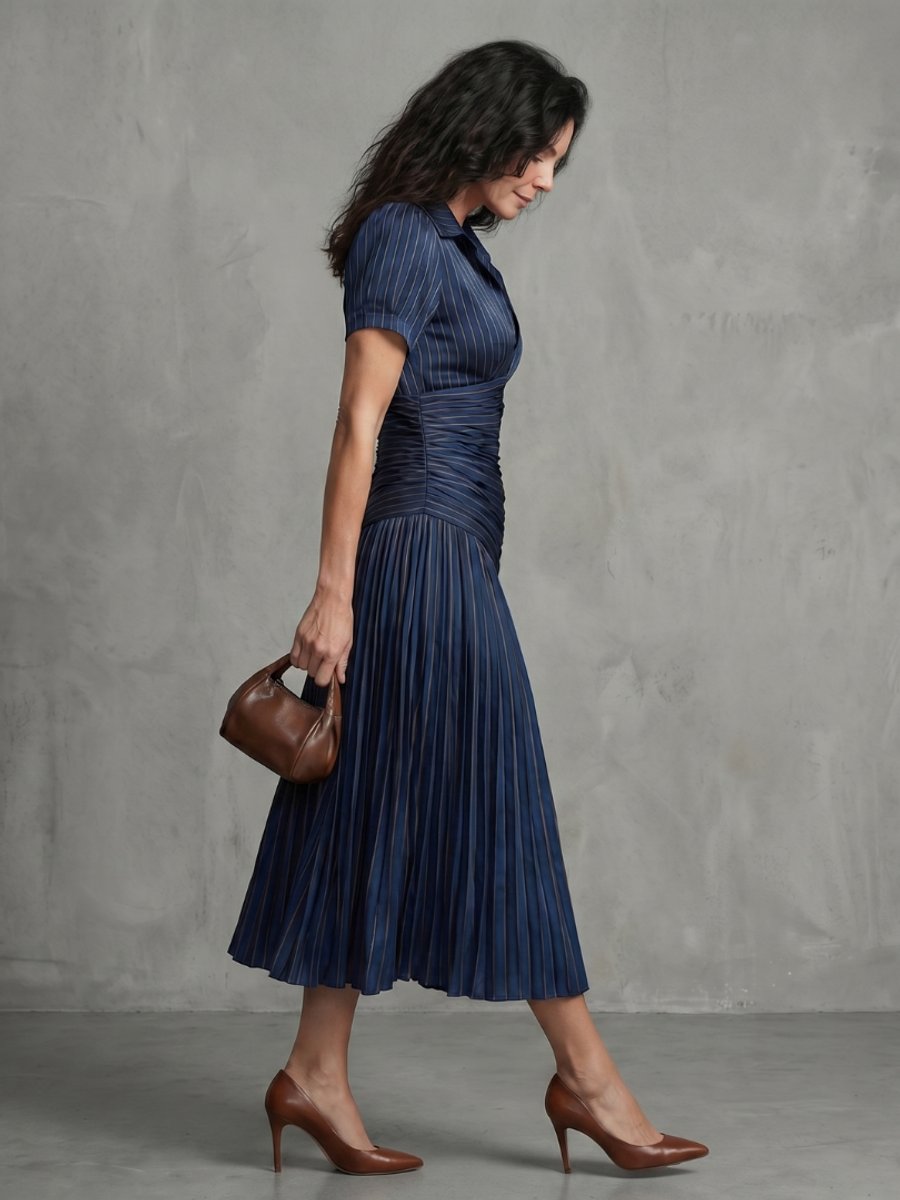 Grace | Women's Everyday Party Dress Pleated Stripe Collared Midi