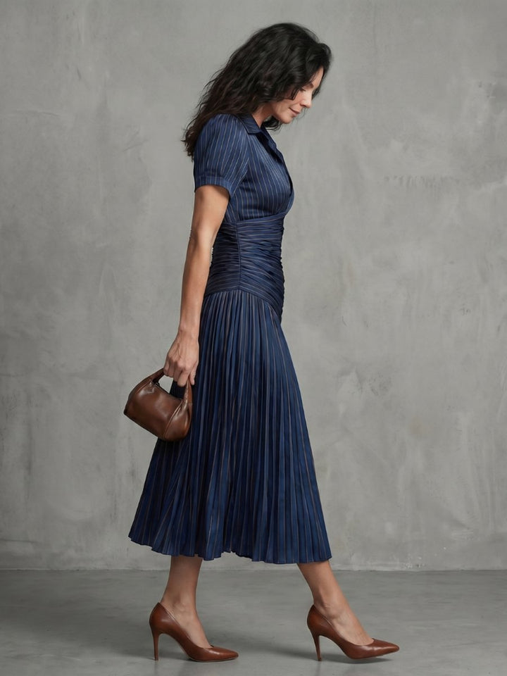 Grace | Women's Everyday Party Dress Pleated Stripe Collared Midi