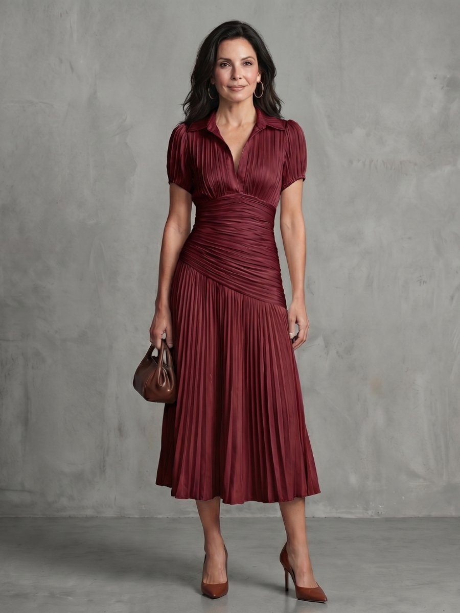 Grace | Women's Everyday Party Dress Pleated Stripe Collared Midi