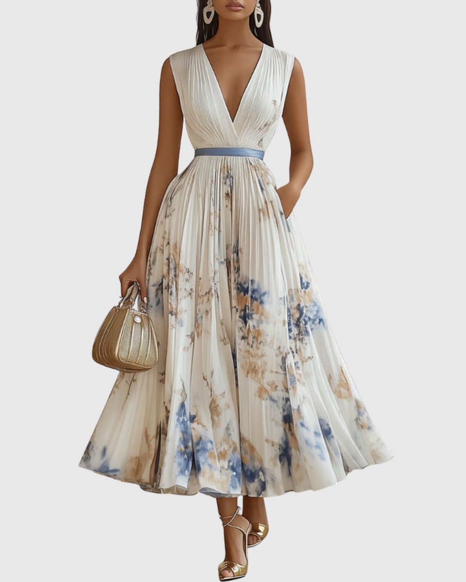 Florence | Women's Everyday Party Dress Pleated V-Neck Midi Dress Pockets