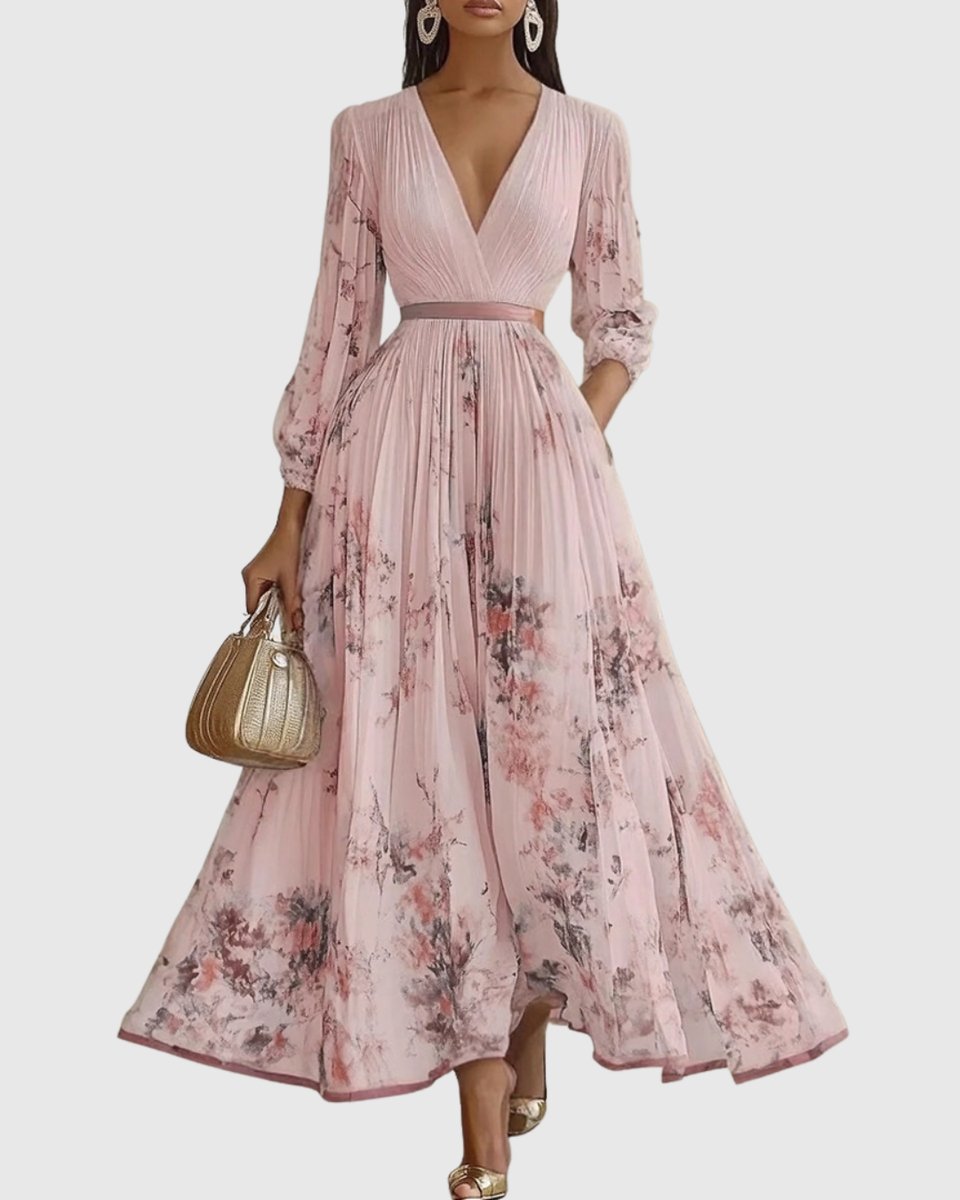 Florence | Women's Everyday Party Dress Pleated V-Neck Midi Dress Pockets