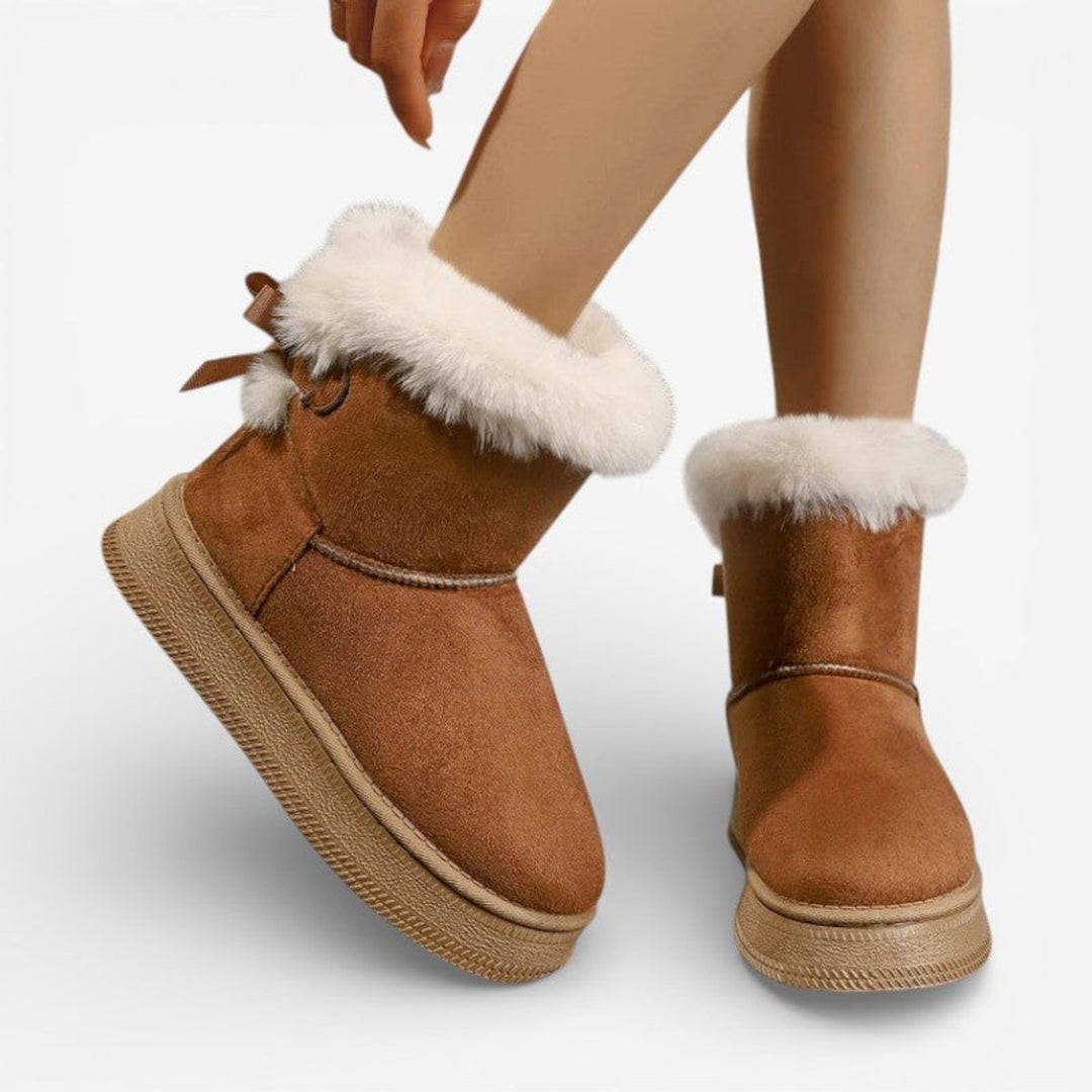 Emily | Women's Faux Fur Trim Flat Ankle Boots Bow Detail