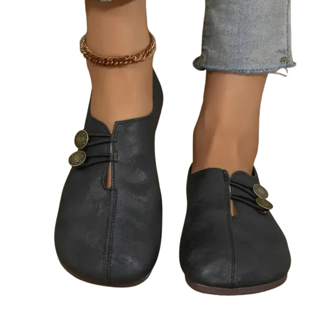 Evelyn | Women's Faux Leather Button-Detail Flat Loafers