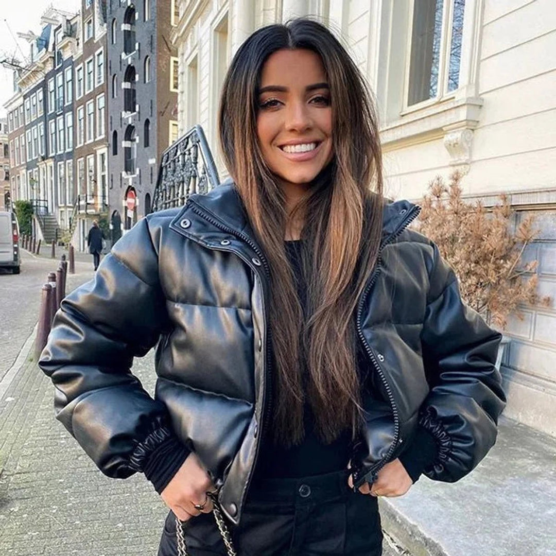 Sienna | Women's Faux Leather Hooded Cropped Puffer Jacket Ladies Coat