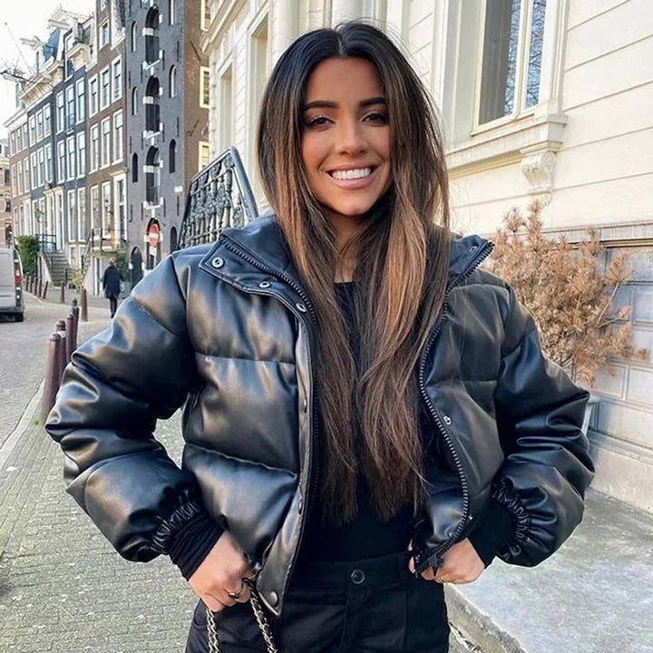 Sienna | Women's Faux Leather Hooded Cropped Puffer Jacket Ladies Coat