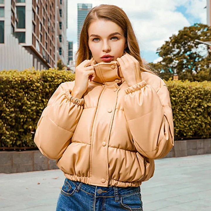 Sienna | Women's Faux Leather Hooded Cropped Puffer Jacket Ladies Coat