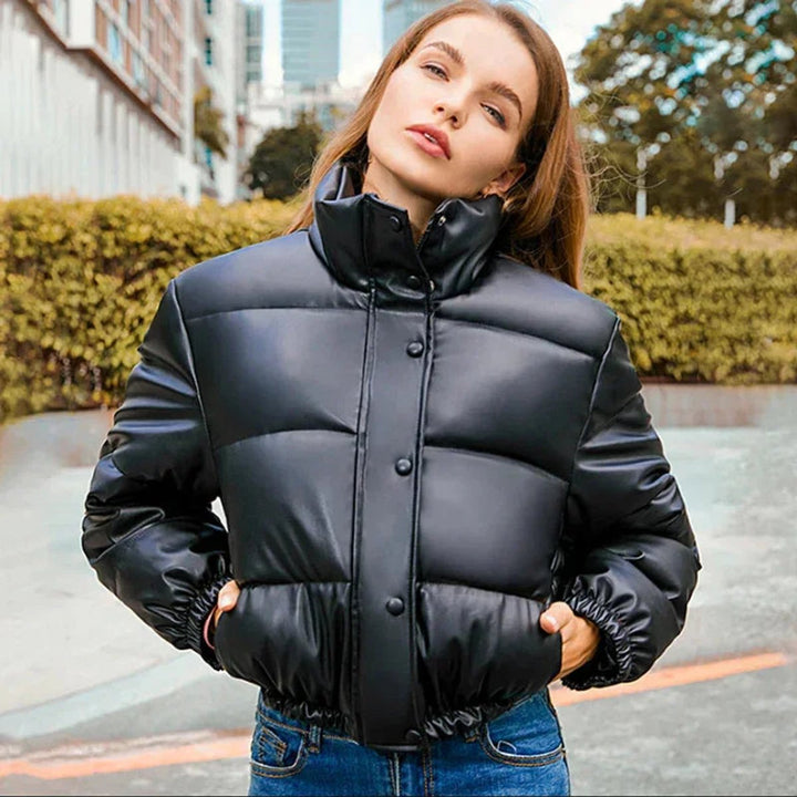 Sienna | Women's Faux Leather Hooded Cropped Puffer Jacket Ladies Coat