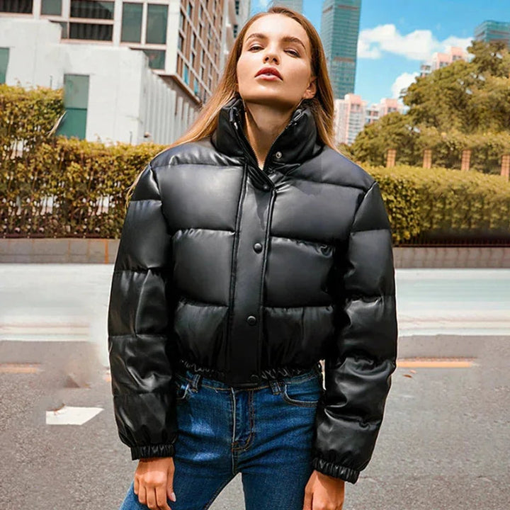 Sienna | Women's Faux Leather Hooded Cropped Puffer Jacket Ladies Coat