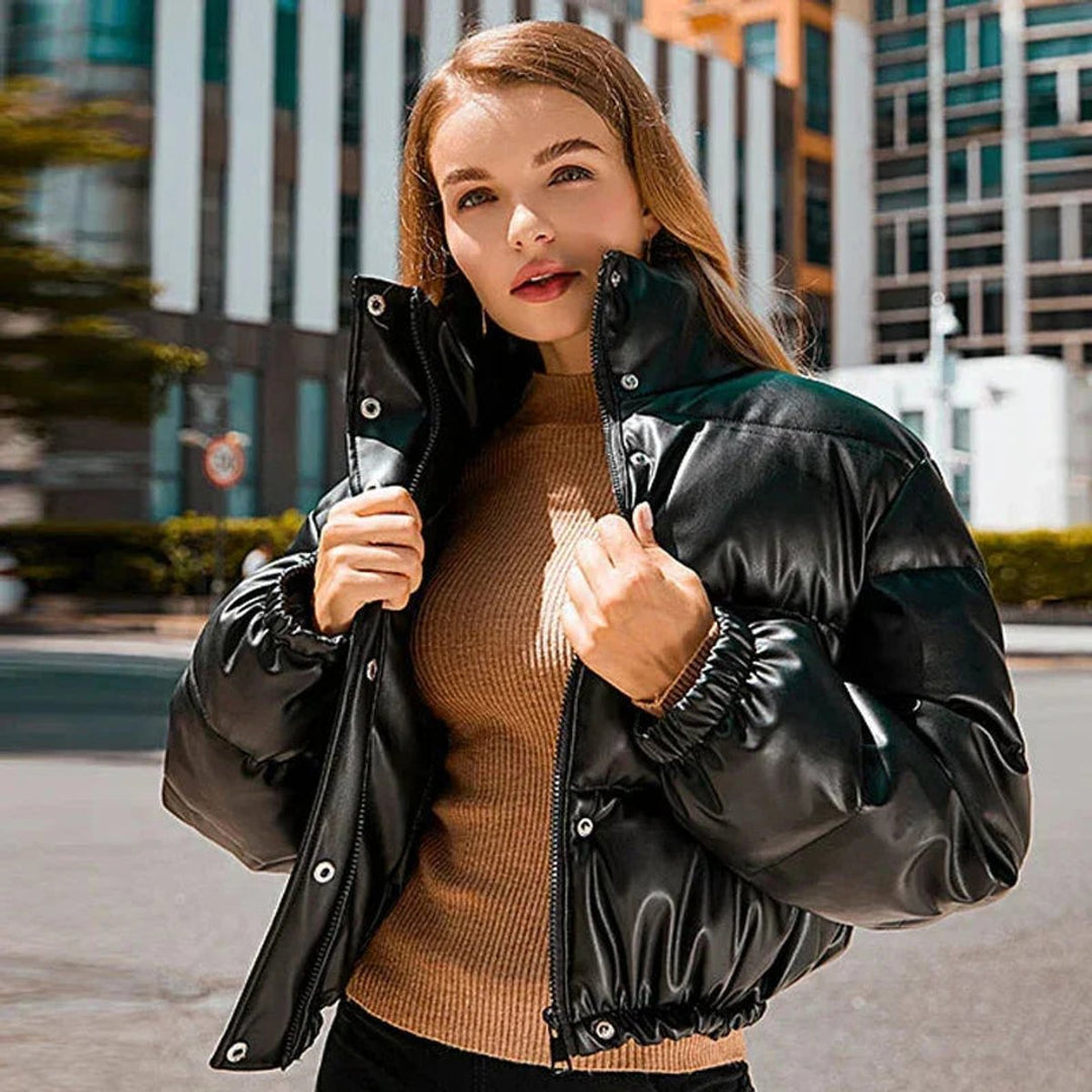 Sienna | Women's Faux Leather Hooded Cropped Puffer Jacket Ladies Coat