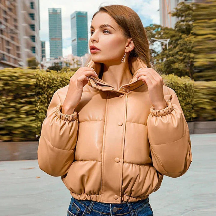 Sienna | Women's Faux Leather Hooded Cropped Puffer Jacket Ladies Coat