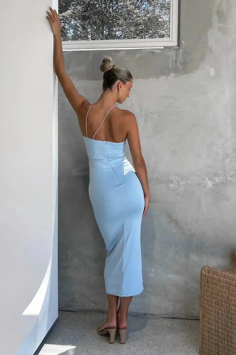 Amelia | Women's Asymmetric Halter Neck Midi Party Dress Ruched 3D Rose