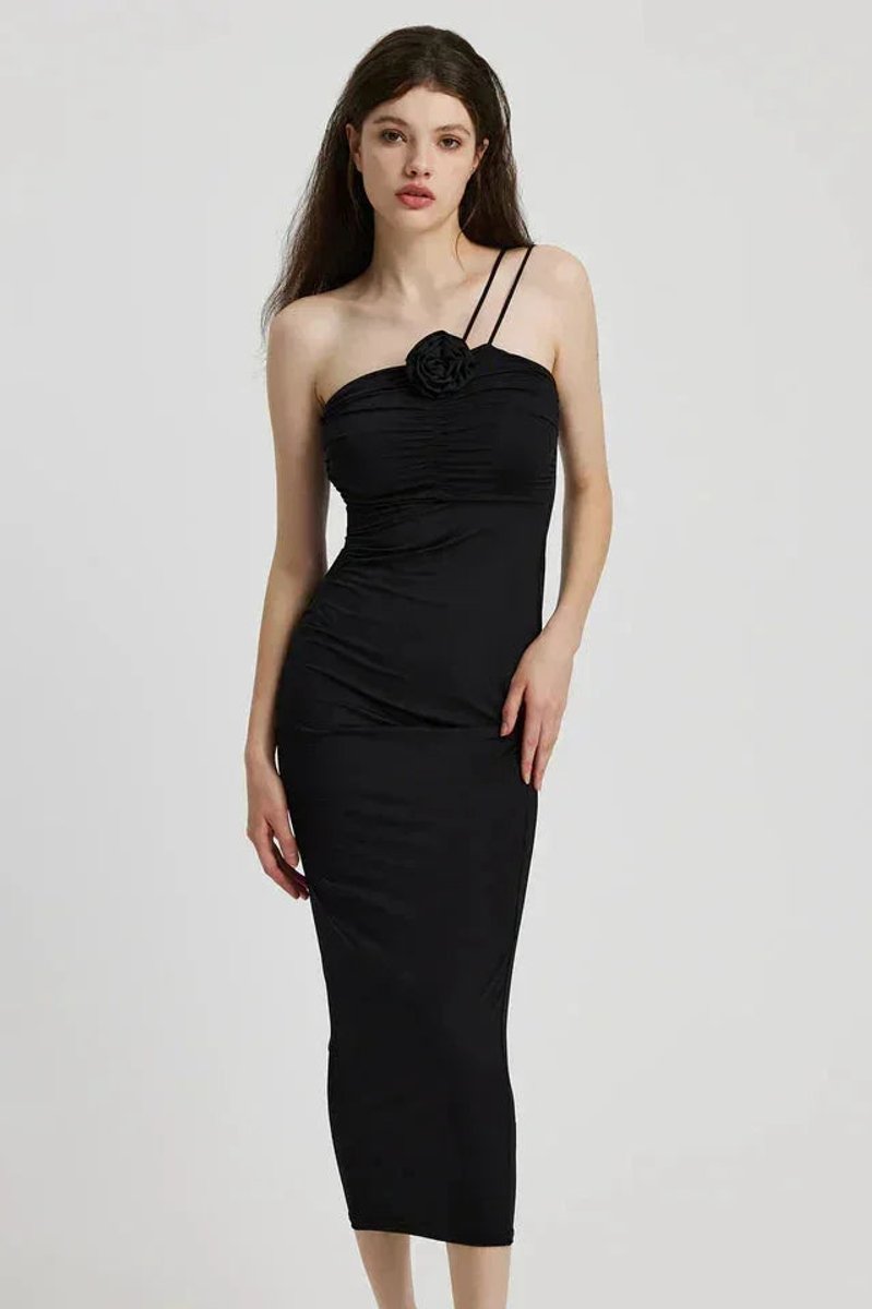Amelia | Women's Asymmetric Halter Neck Midi Party Dress Ruched 3D Rose