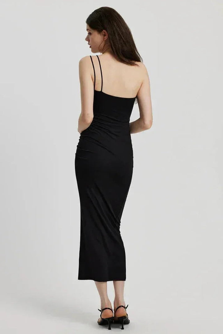 Amelia | Women's Asymmetric Halter Neck Midi Party Dress Ruched 3D Rose