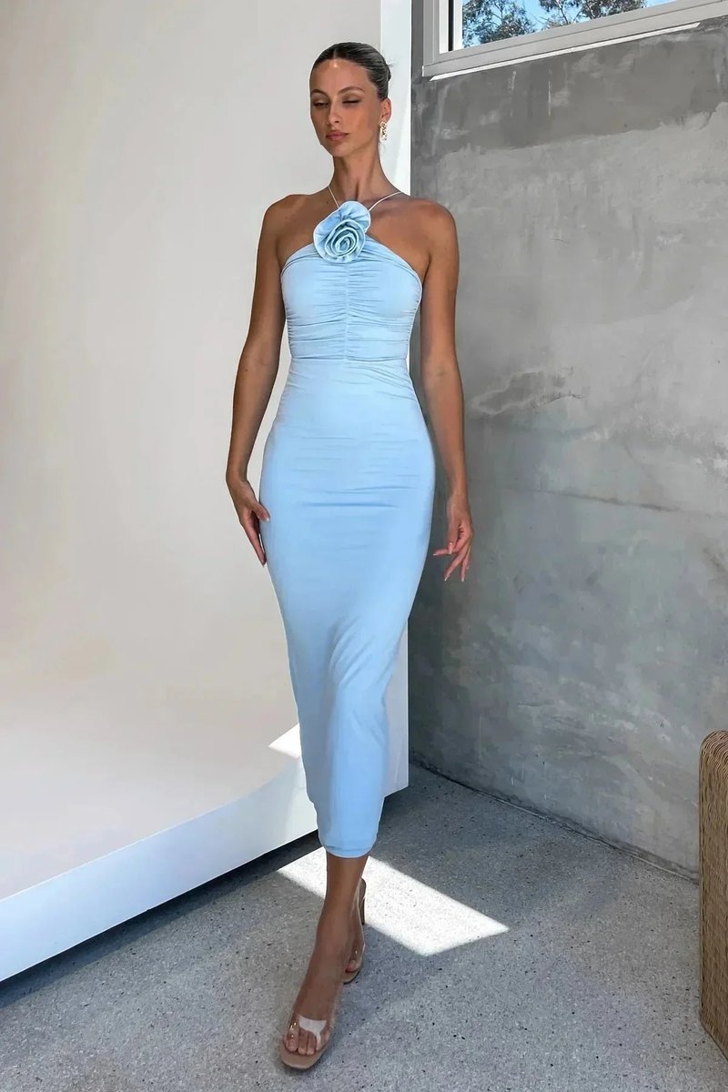 Amelia | Women's Asymmetric Halter Neck Midi Party Dress Ruched 3D Rose