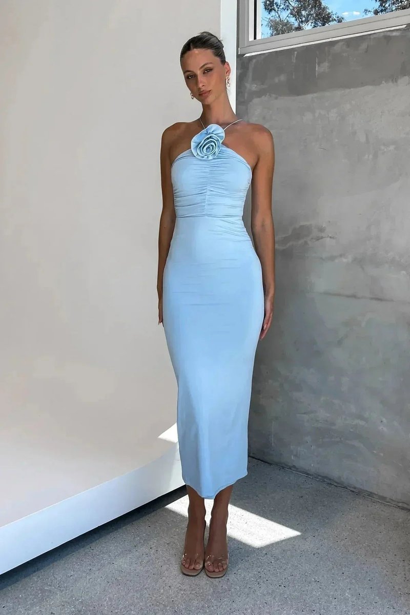 Amelia | Women's Asymmetric Halter Neck Midi Party Dress Ruched 3D Rose