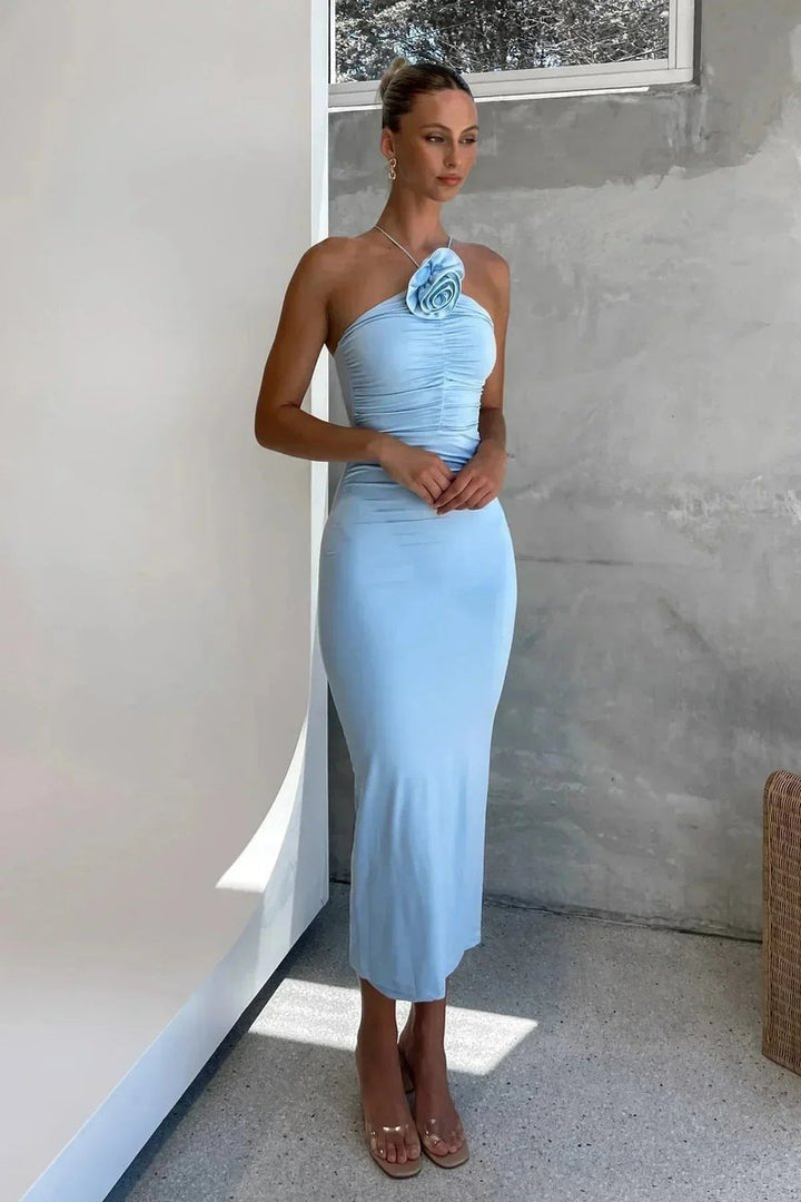 Amelia | Women's Asymmetric Halter Neck Midi Party Dress Ruched 3D Rose