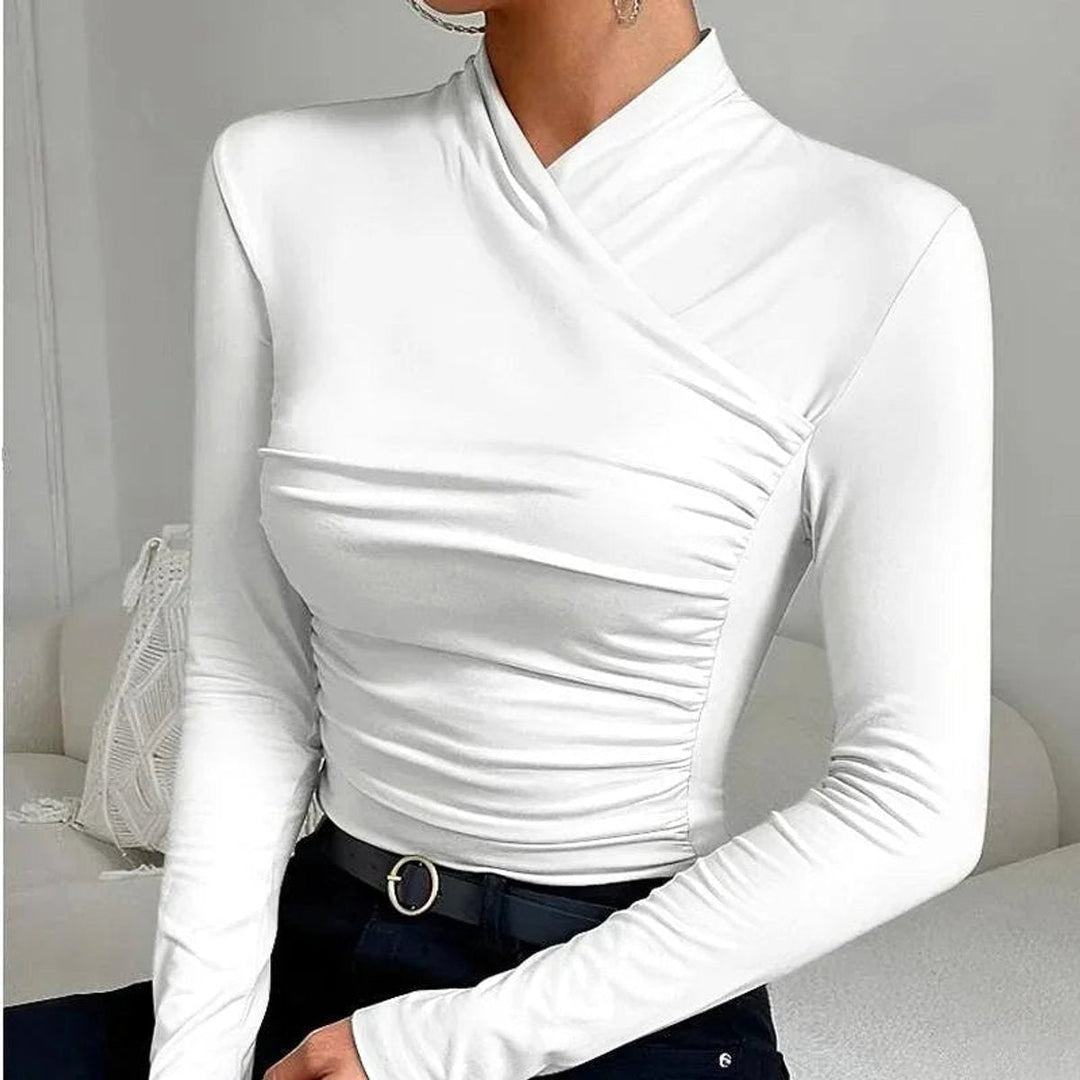 Scarlett | Women's Fitted Asymmetric Roll Neck Long Sleeve Ruched Blouse