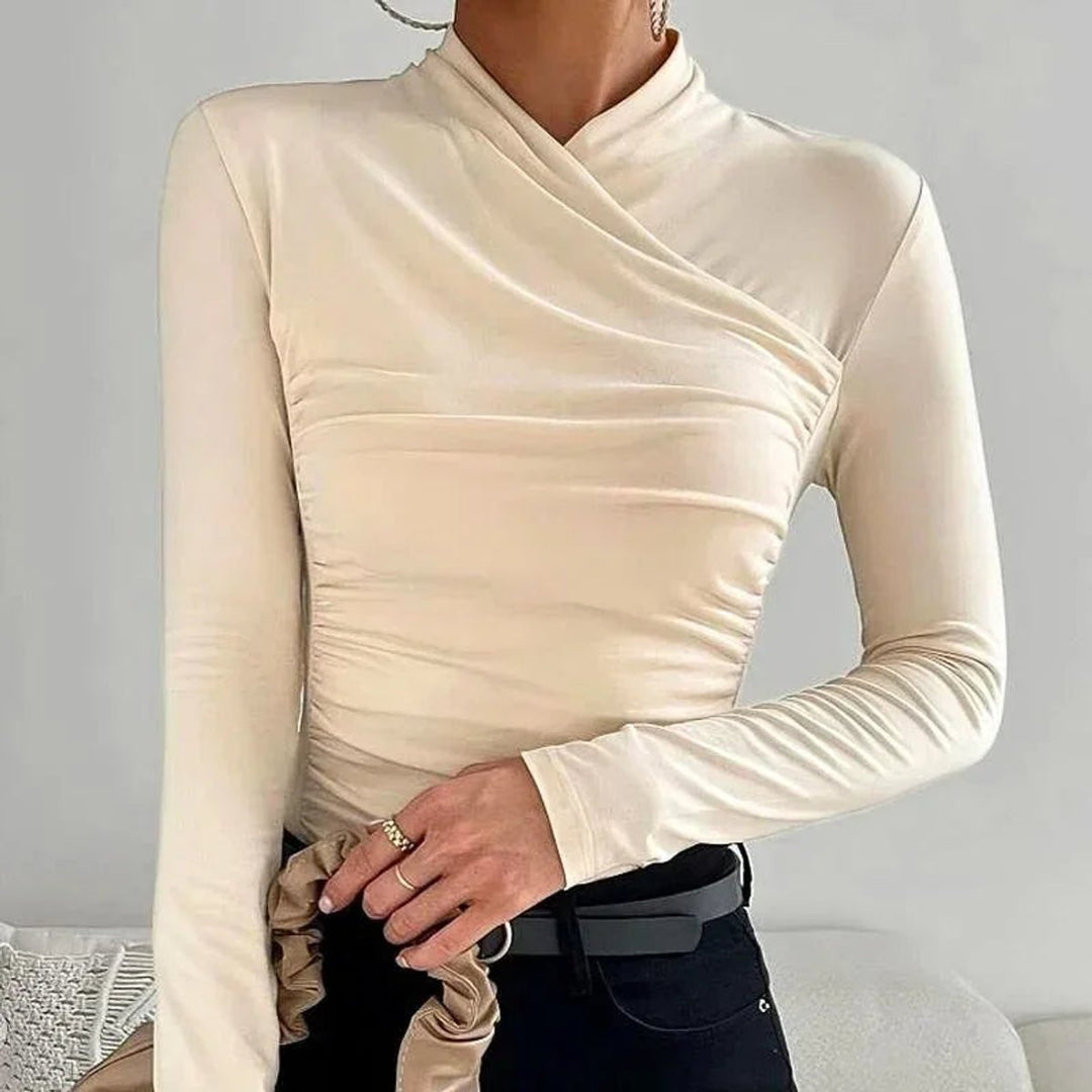Scarlett | Women's Fitted Asymmetric Roll Neck Long Sleeve Ruched Blouse
