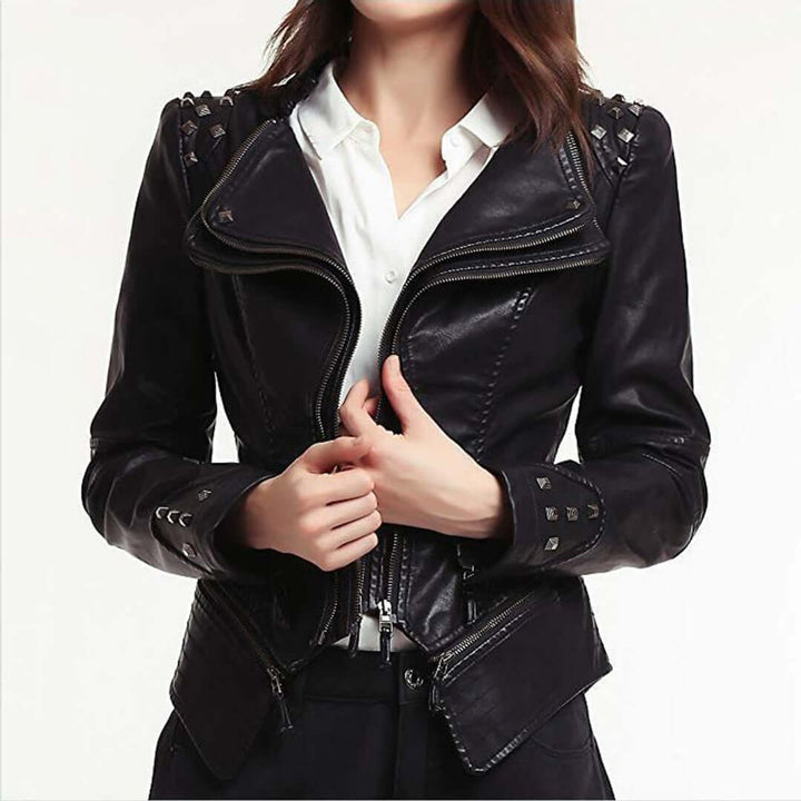 Willow | Women's Fitted Studded Faux Leather Biker Jacket Coat