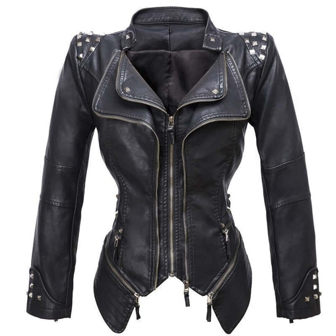 Willow | Women's Fitted Studded Faux Leather Biker Jacket Coat