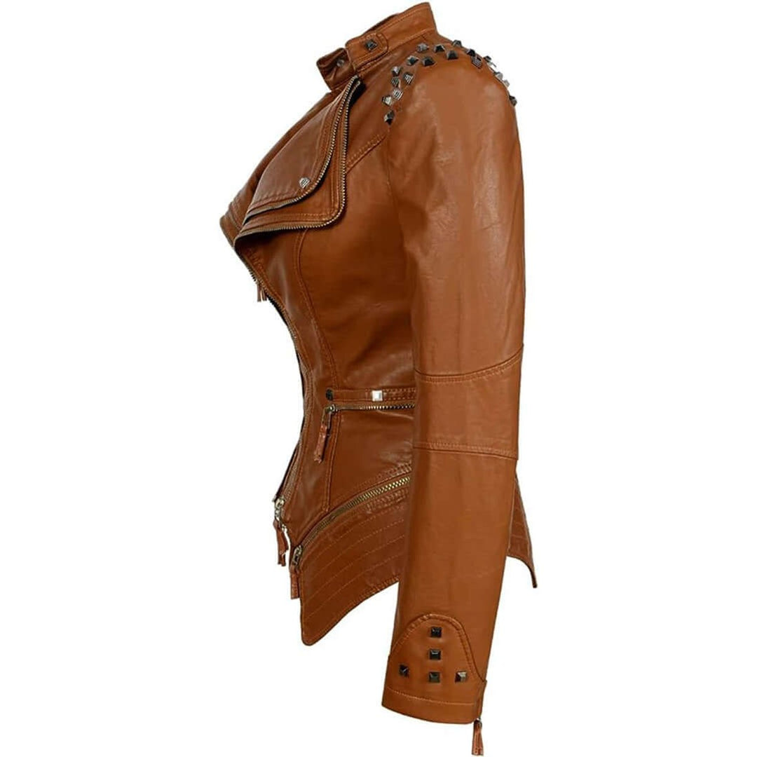 Willow | Women's Fitted Studded Faux Leather Biker Jacket Coat