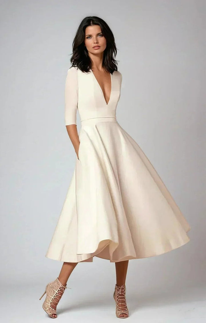 Ivy | Women's Flared V-Neck Midi Christmas Party Everyday Day Dress Pockets