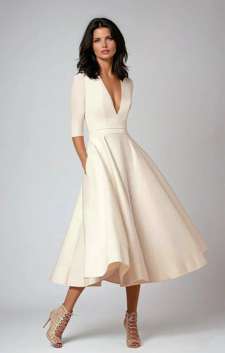 Ivy | Women's Flared V-Neck Midi Christmas Party Everyday Day Dress Pockets