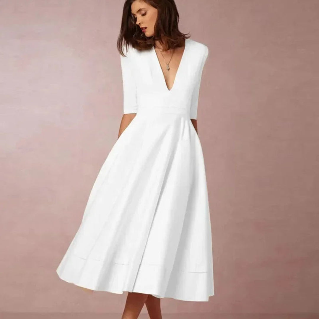 Ivy | Women's Flared V-Neck Midi Christmas Party Everyday Day Dress Pockets