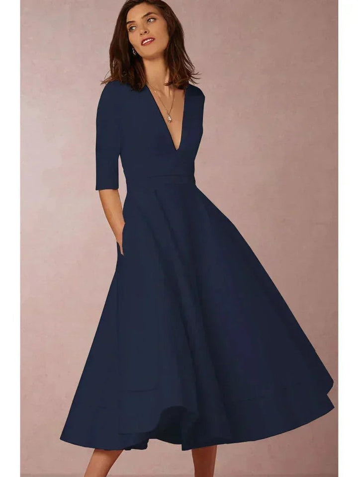Ivy | Women's Flared V-Neck Midi Christmas Party Everyday Day Dress Pockets