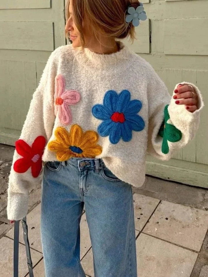 Amelia | Women's Oversized Knitted Jumper 3D Floral Appliqué Crew Neck