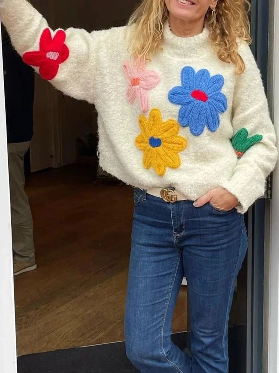 Amelia | Women's Oversized Knitted Jumper 3D Floral Appliqué Crew Neck